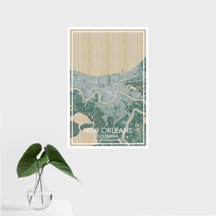 16x24 New Orleans Louisiana Map Print Portrait Orientation in Afternoon Style With Tropical Plant Leaves in Water