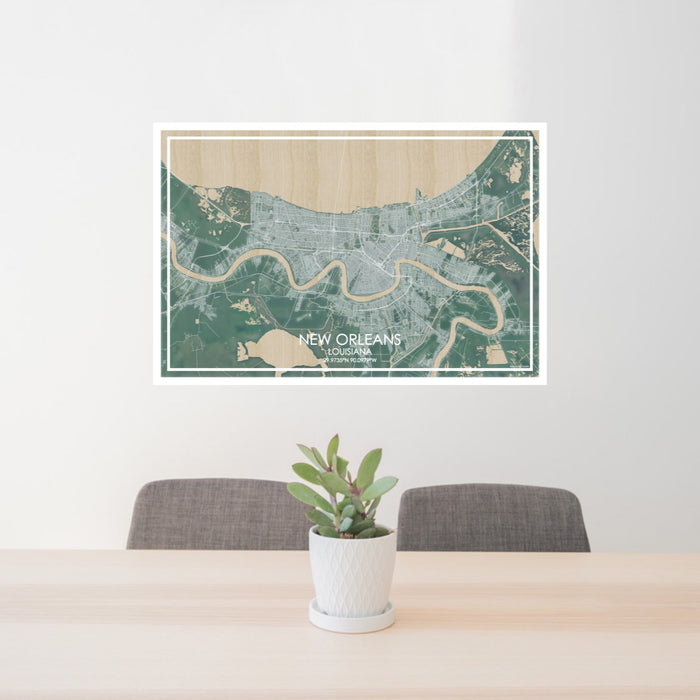 24x36 New Orleans Louisiana Map Print Lanscape Orientation in Afternoon Style Behind 2 Chairs Table and Potted Plant