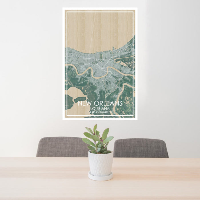 24x36 New Orleans Louisiana Map Print Portrait Orientation in Afternoon Style Behind 2 Chairs Table and Potted Plant