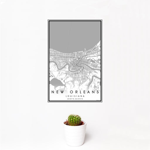 12x18 New Orleans Louisiana Map Print Portrait Orientation in Classic Style With Small Cactus Plant in White Planter
