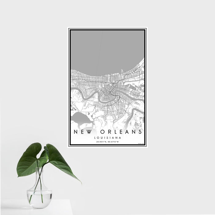 16x24 New Orleans Louisiana Map Print Portrait Orientation in Classic Style With Tropical Plant Leaves in Water