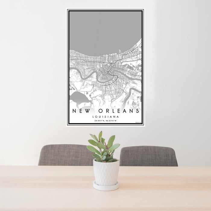 24x36 New Orleans Louisiana Map Print Portrait Orientation in Classic Style Behind 2 Chairs Table and Potted Plant