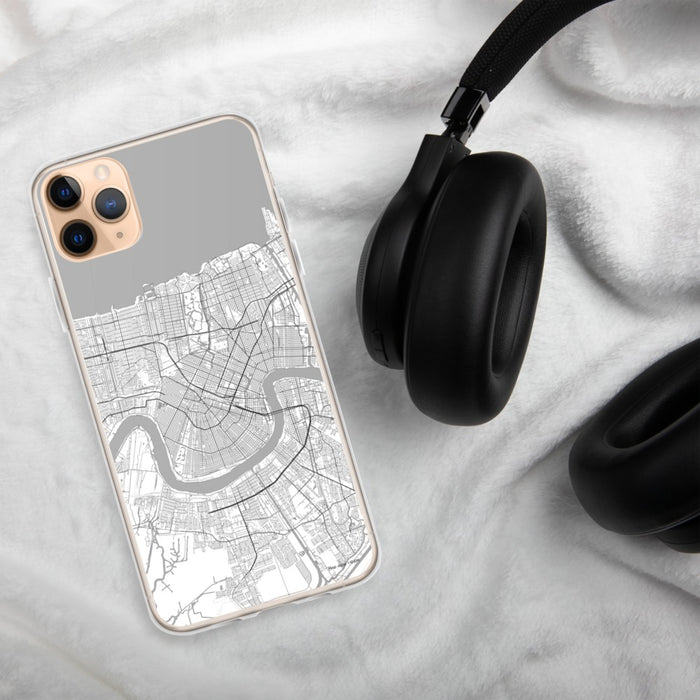 Custom New Orleans Louisiana Map Phone Case in Classic on Table with Black Headphones