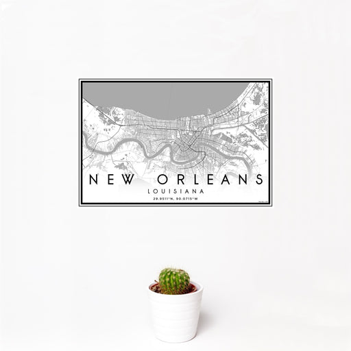 12x18 New Orleans Louisiana Map Print Landscape Orientation in Classic Style With Small Cactus Plant in White Planter