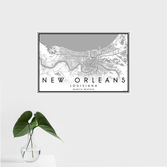 16x24 New Orleans Louisiana Map Print Landscape Orientation in Classic Style With Tropical Plant Leaves in Water