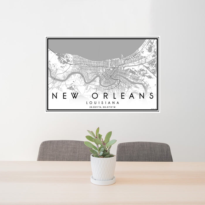 24x36 New Orleans Louisiana Map Print Landscape Orientation in Classic Style Behind 2 Chairs Table and Potted Plant