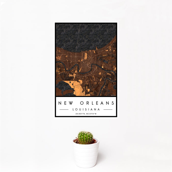 12x18 New Orleans Louisiana Map Print Portrait Orientation in Ember Style With Small Cactus Plant in White Planter