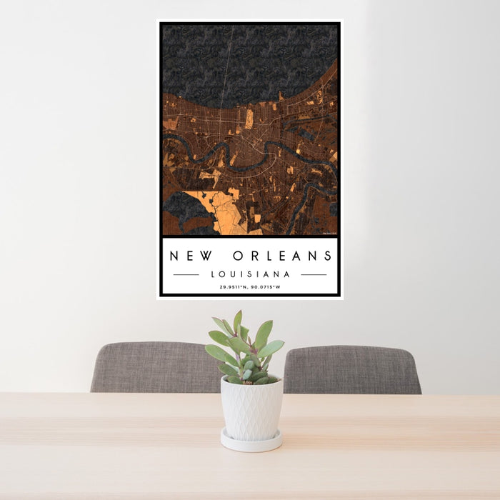 24x36 New Orleans Louisiana Map Print Portrait Orientation in Ember Style Behind 2 Chairs Table and Potted Plant