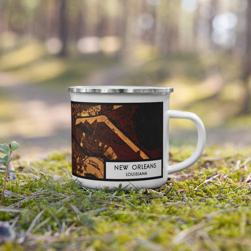 Right View Custom New Orleans Louisiana Map Enamel Mug in Ember on Grass With Trees in Background