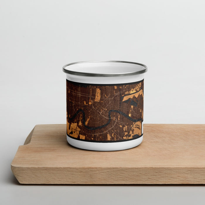 Front View Custom New Orleans Louisiana Map Enamel Mug in Ember on Cutting Board