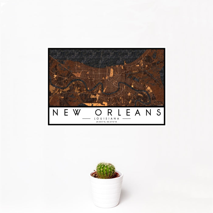 12x18 New Orleans Louisiana Map Print Landscape Orientation in Ember Style With Small Cactus Plant in White Planter