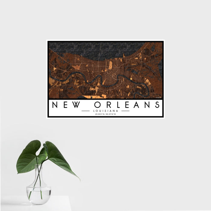 16x24 New Orleans Louisiana Map Print Landscape Orientation in Ember Style With Tropical Plant Leaves in Water