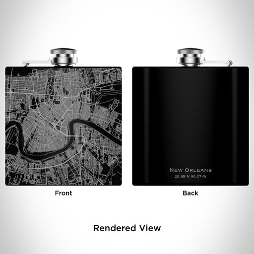 Rendered View of New Orleans Louisiana Map Engraving on 6oz Stainless Steel Flask in Black