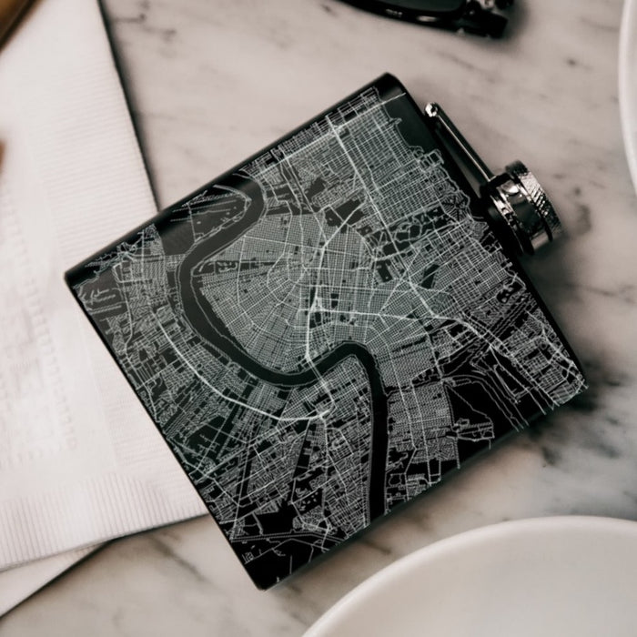 New Orleans Louisiana Custom Engraved City Map Inscription Coordinates on 6oz Stainless Steel Flask in Black