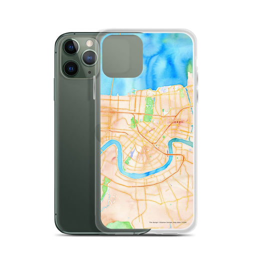 Custom New Orleans Louisiana Map Phone Case in Watercolor on Table with Laptop and Plant