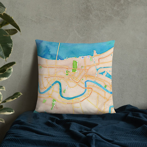 Custom New Orleans Louisiana Map Throw Pillow in Watercolor on Bedding Against Wall