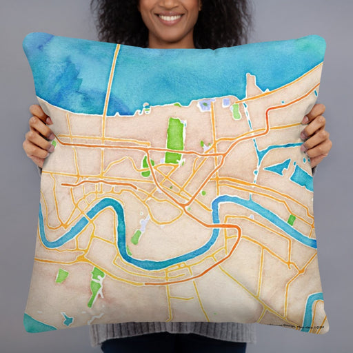 Person holding 22x22 Custom New Orleans Louisiana Map Throw Pillow in Watercolor