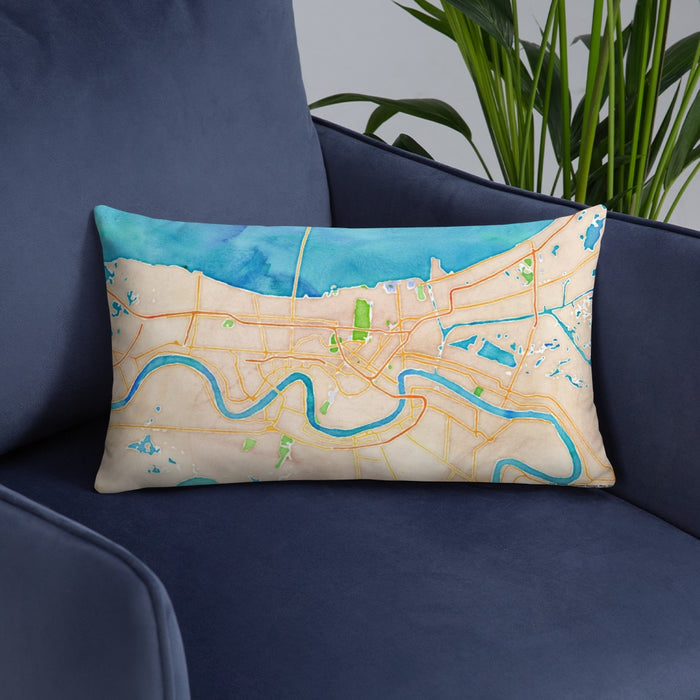 Custom New Orleans Louisiana Map Throw Pillow in Watercolor on Blue Colored Chair