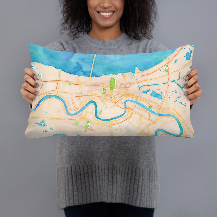Person holding 20x12 Custom New Orleans Louisiana Map Throw Pillow in Watercolor