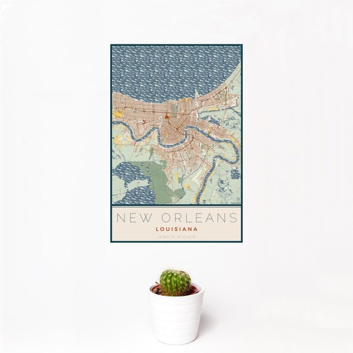 12x18 New Orleans Louisiana Map Print Portrait Orientation in Woodblock Style With Small Cactus Plant in White Planter