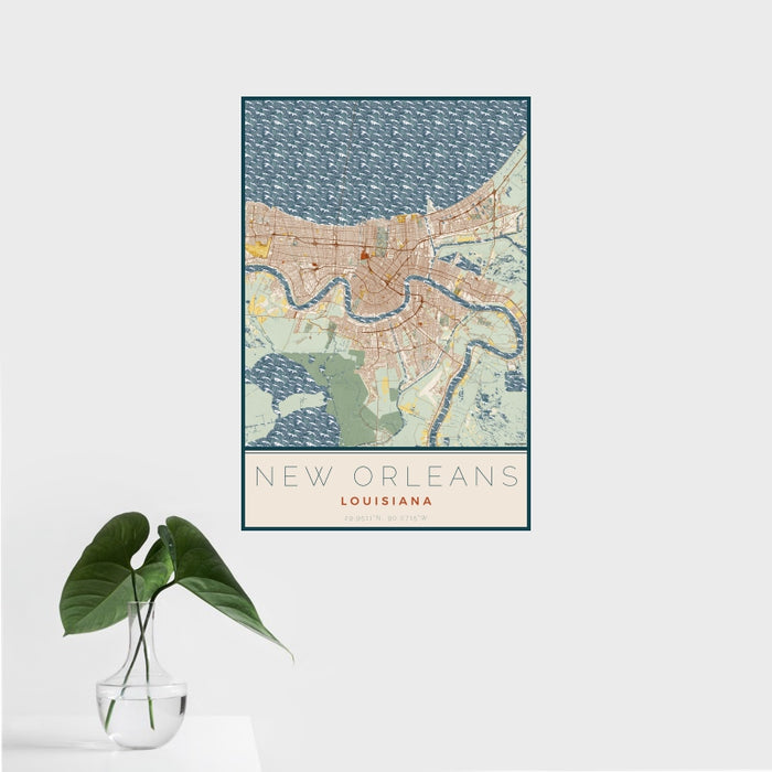 16x24 New Orleans Louisiana Map Print Portrait Orientation in Woodblock Style With Tropical Plant Leaves in Water