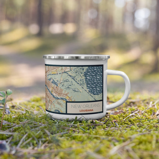 Right View Custom New Orleans Louisiana Map Enamel Mug in Woodblock on Grass With Trees in Background