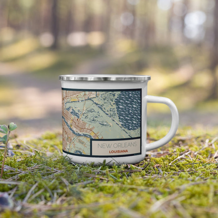 Right View Custom New Orleans Louisiana Map Enamel Mug in Woodblock on Grass With Trees in Background