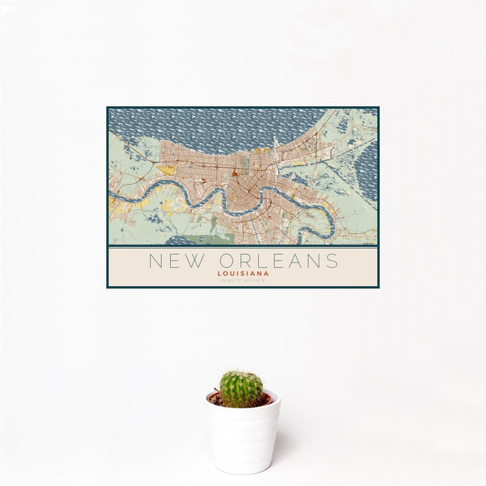 12x18 New Orleans Louisiana Map Print Landscape Orientation in Woodblock Style With Small Cactus Plant in White Planter