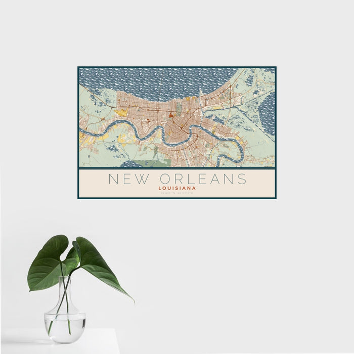 16x24 New Orleans Louisiana Map Print Landscape Orientation in Woodblock Style With Tropical Plant Leaves in Water