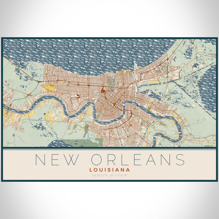 New Orleans Louisiana Map Print Landscape Orientation in Woodblock Style With Shaded Background