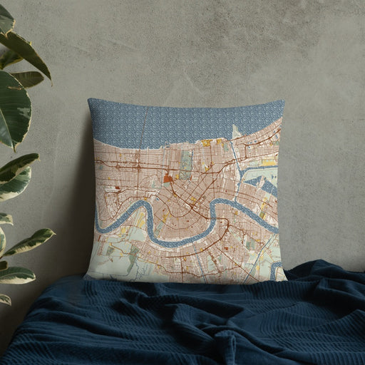 Custom New Orleans Louisiana Map Throw Pillow in Woodblock on Bedding Against Wall