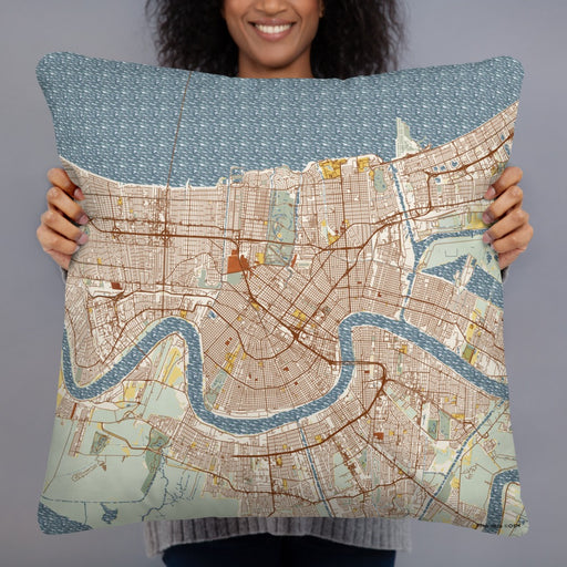 Person holding 22x22 Custom New Orleans Louisiana Map Throw Pillow in Woodblock