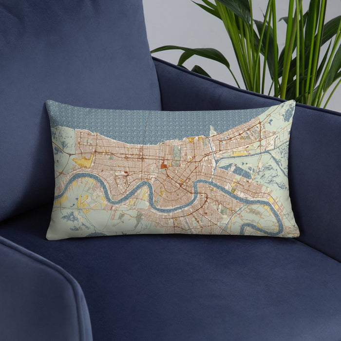 Custom New Orleans Louisiana Map Throw Pillow in Woodblock on Blue Colored Chair