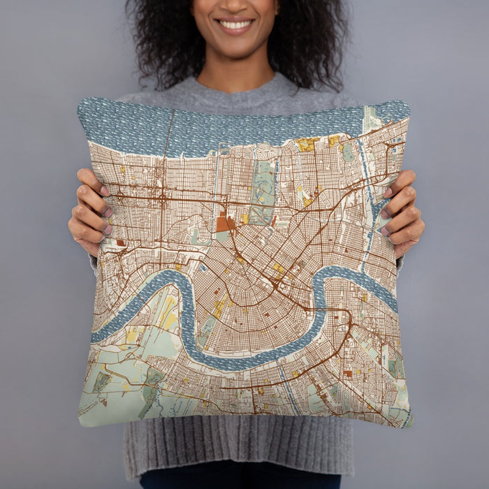 Person holding 18x18 Custom New Orleans Louisiana Map Throw Pillow in Woodblock