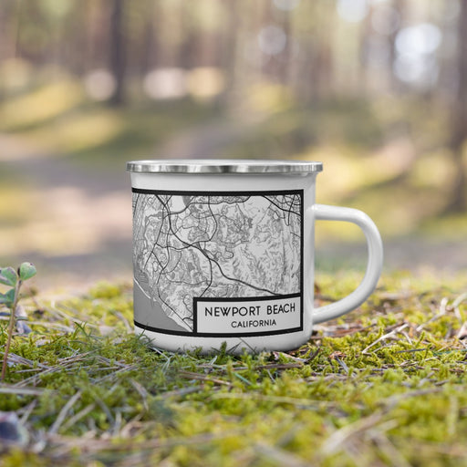 Right View Custom Newport Beach California Map Enamel Mug in Classic on Grass With Trees in Background