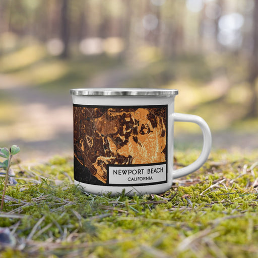 Right View Custom Newport Beach California Map Enamel Mug in Ember on Grass With Trees in Background