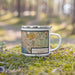 Right View Custom Newport Beach California Map Enamel Mug in Woodblock on Grass With Trees in Background