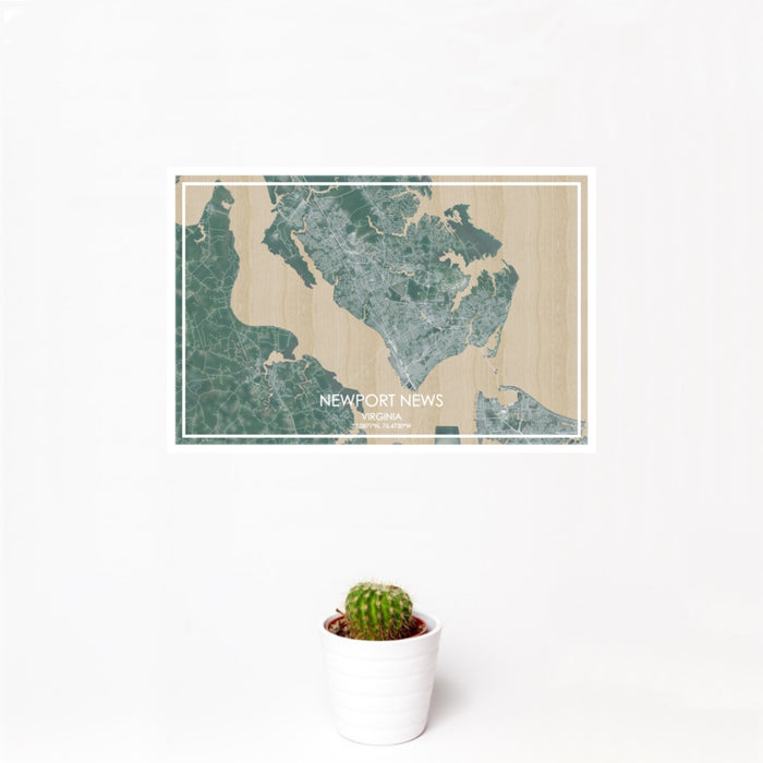 12x18 Newport News Virginia Map Print Landscape Orientation in Afternoon Style With Small Cactus Plant in White Planter
