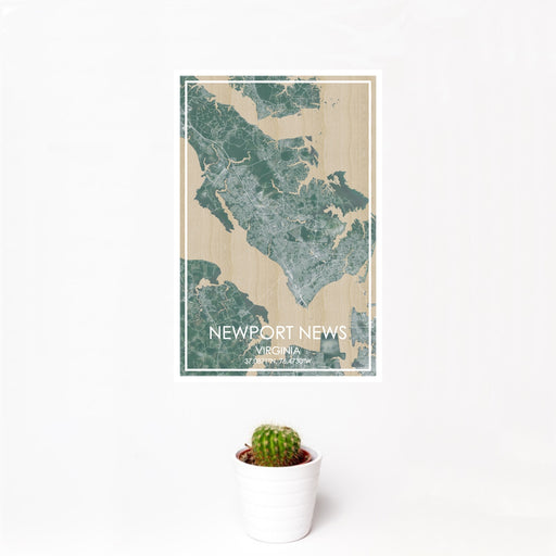 12x18 Newport News Virginia Map Print Portrait Orientation in Afternoon Style With Small Cactus Plant in White Planter