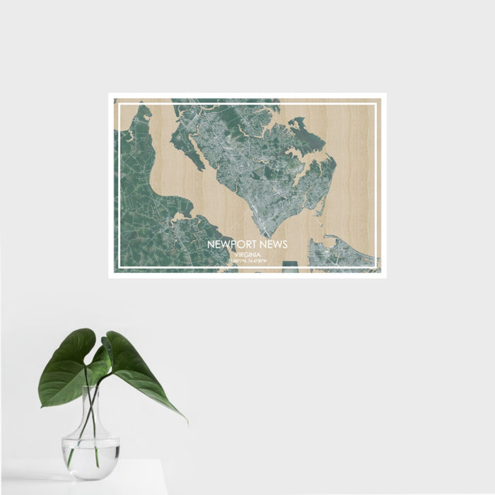 16x24 Newport News Virginia Map Print Landscape Orientation in Afternoon Style With Tropical Plant Leaves in Water