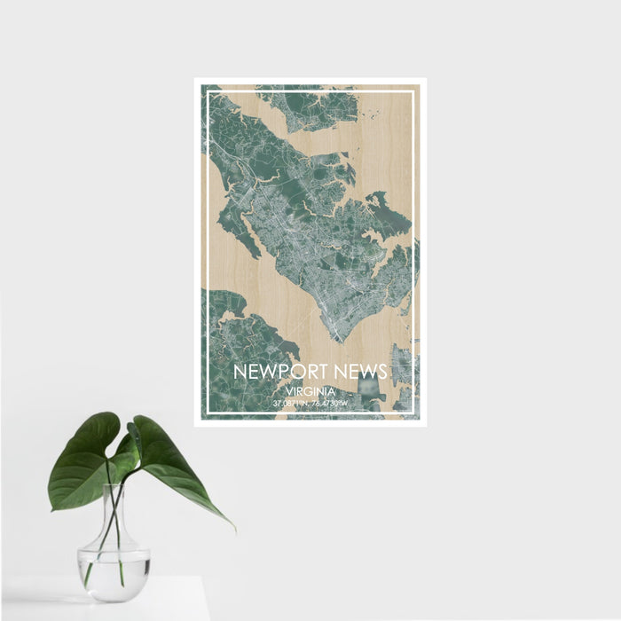 16x24 Newport News Virginia Map Print Portrait Orientation in Afternoon Style With Tropical Plant Leaves in Water