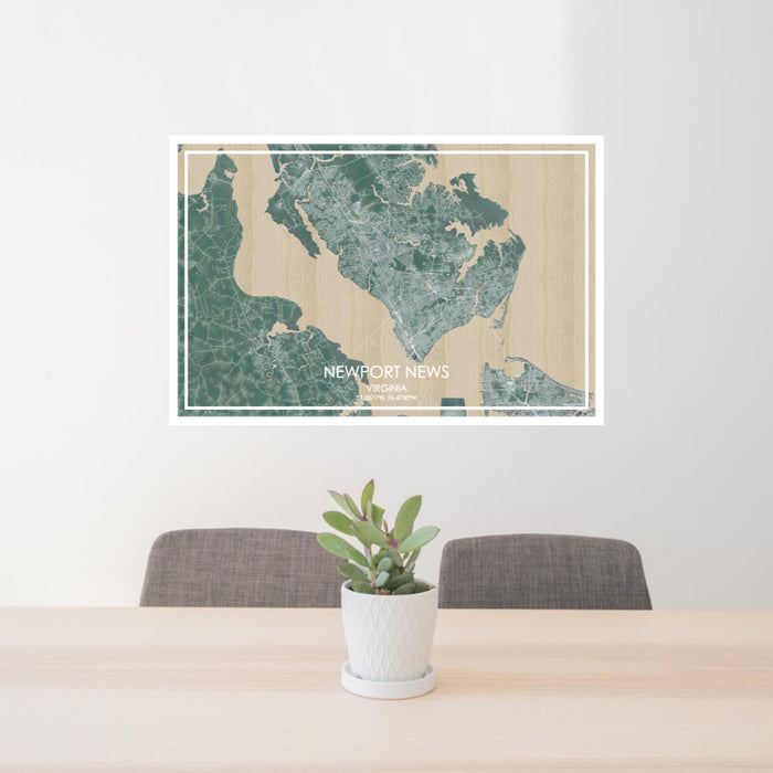 24x36 Newport News Virginia Map Print Lanscape Orientation in Afternoon Style Behind 2 Chairs Table and Potted Plant