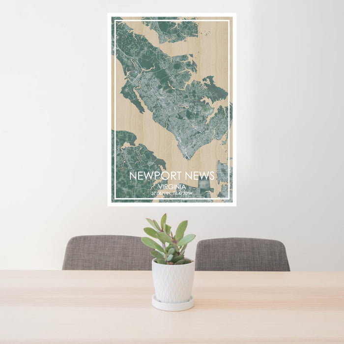 24x36 Newport News Virginia Map Print Portrait Orientation in Afternoon Style Behind 2 Chairs Table and Potted Plant