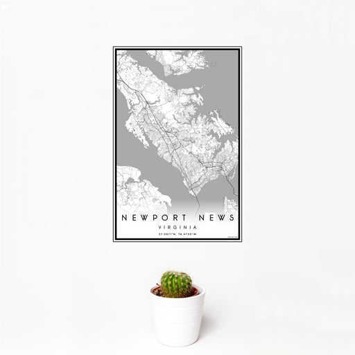 12x18 Newport News Virginia Map Print Portrait Orientation in Classic Style With Small Cactus Plant in White Planter