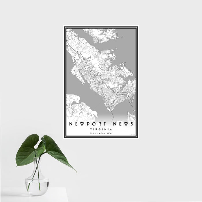 16x24 Newport News Virginia Map Print Portrait Orientation in Classic Style With Tropical Plant Leaves in Water