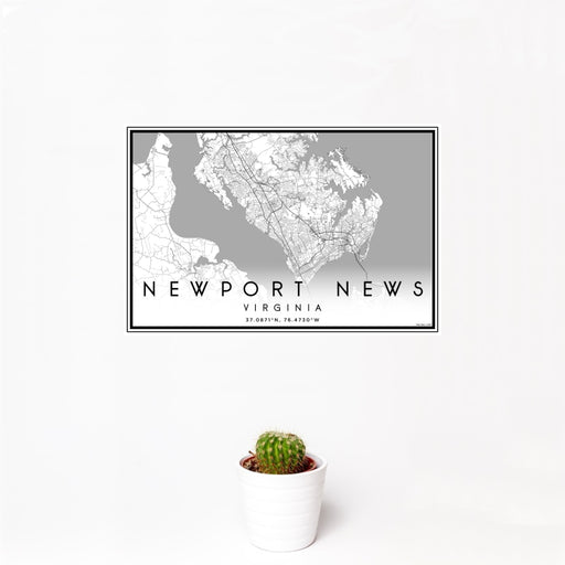 12x18 Newport News Virginia Map Print Landscape Orientation in Classic Style With Small Cactus Plant in White Planter