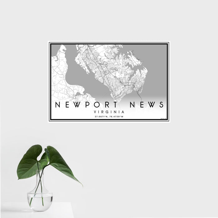 16x24 Newport News Virginia Map Print Landscape Orientation in Classic Style With Tropical Plant Leaves in Water