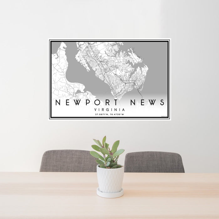 24x36 Newport News Virginia Map Print Landscape Orientation in Classic Style Behind 2 Chairs Table and Potted Plant