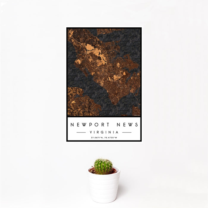 12x18 Newport News Virginia Map Print Portrait Orientation in Ember Style With Small Cactus Plant in White Planter