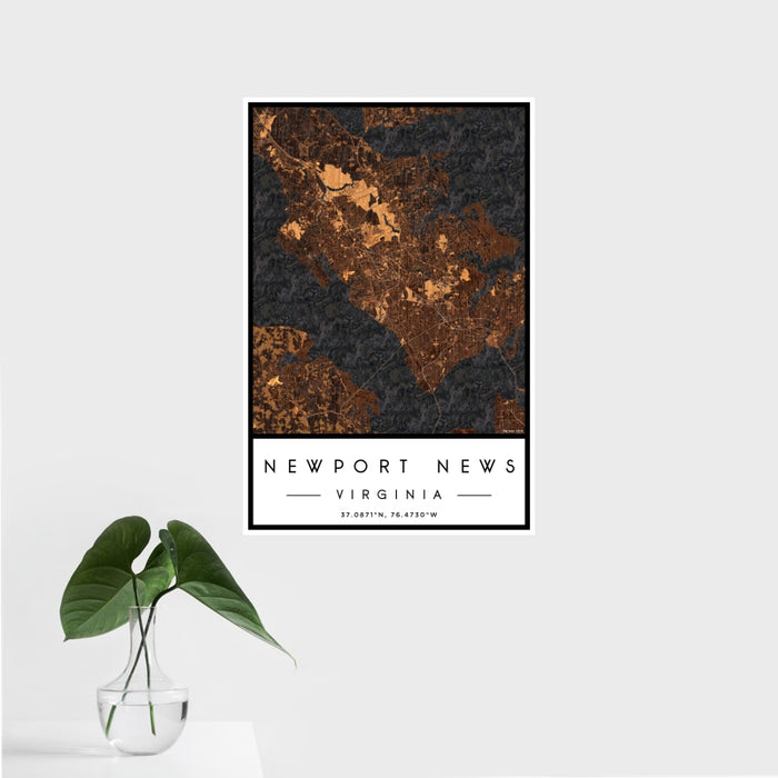 16x24 Newport News Virginia Map Print Portrait Orientation in Ember Style With Tropical Plant Leaves in Water